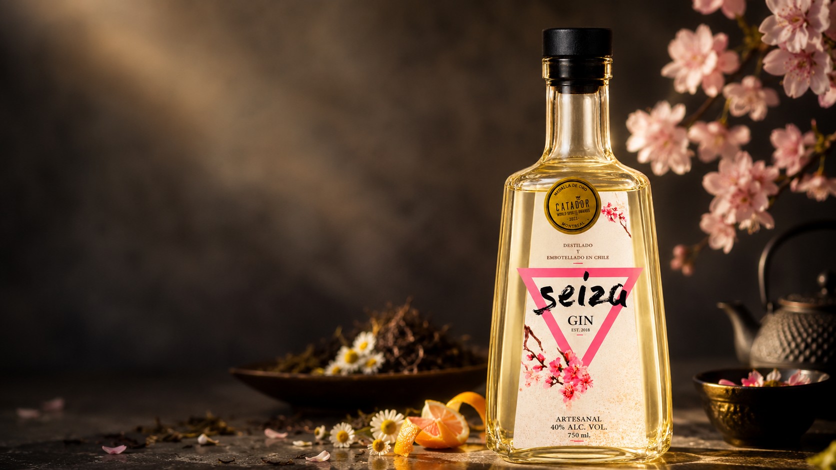 Seiza Gin Chile, botella de gin artesanal premium de 40% Alc./Vol. y 750 ml